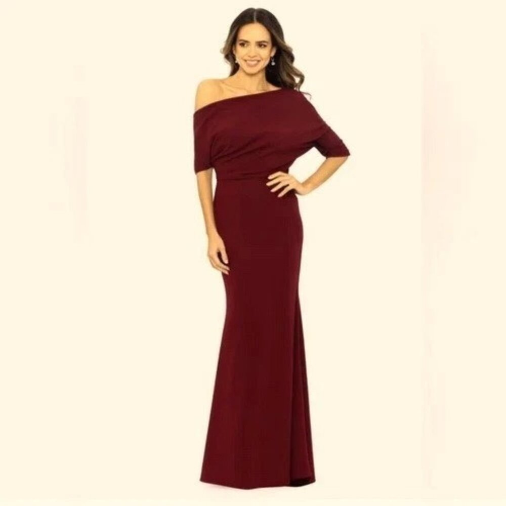 Betsy & Adam Off-the-Shoulder Maxi Dress in Wine